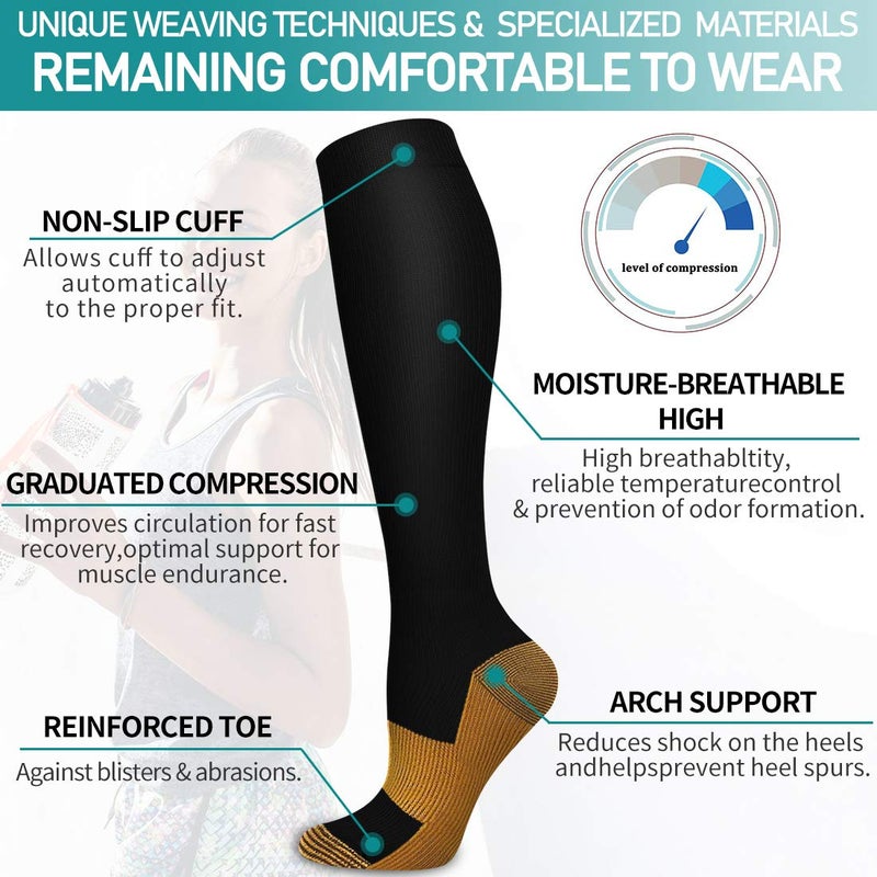 COOLOVER Copper Compression Socks for Women and Men(6 Pairs)-Best Support for Running, Athletic, Nursing, Travel - Image 5
