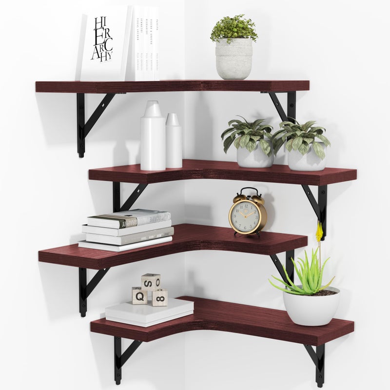 ROMGUAR CRAFT Corner Floating Shelves Wall Mounted Set of 4, Rustic Wood Storage Display Wall Shelves for Home Decor, Bathroom, Kitchen, Bedroom, Living Room, Office (Red) - Image 1