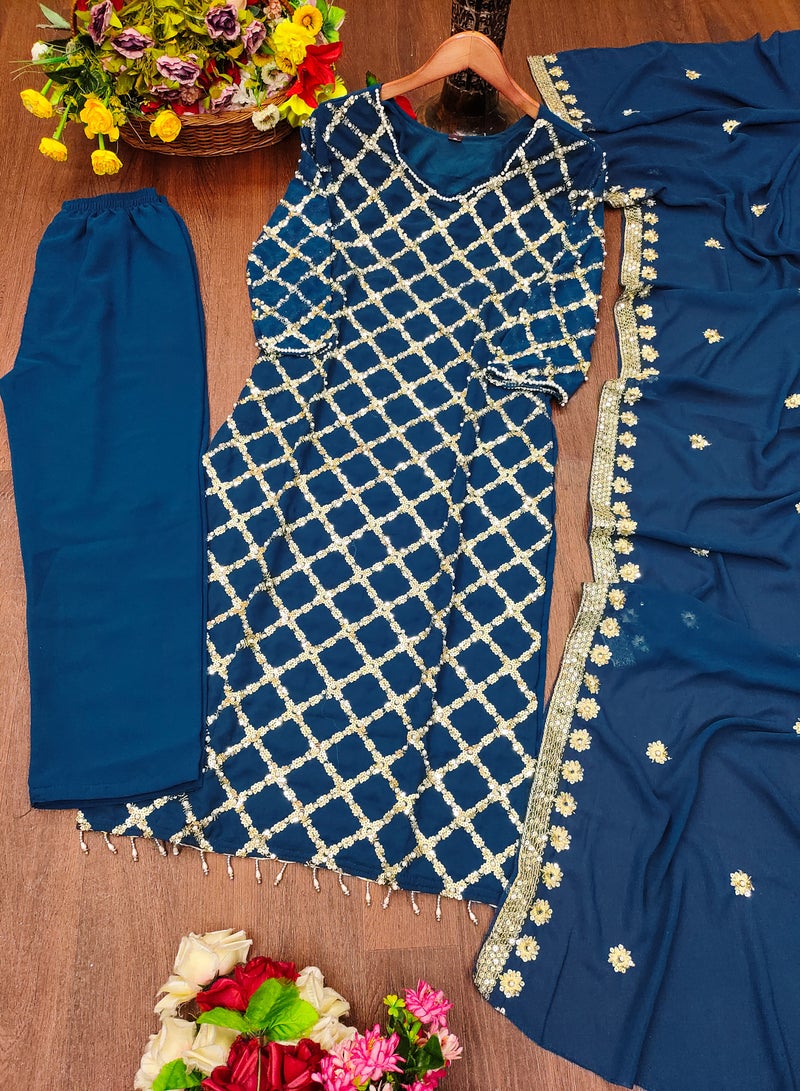 Super Asian New Fox Georgette Sequence Embroidered Top with Rivet Moti Work, Paired with Micro Fabric Pants & Dupatta – Complete Stylish Set - Image 1