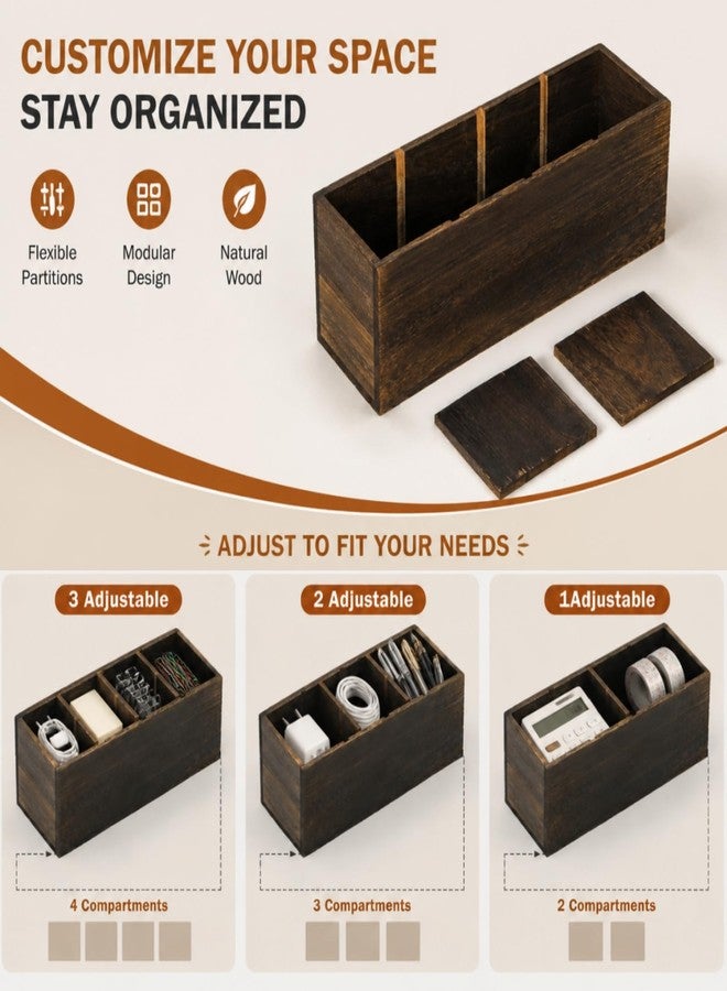 Dicunoy 2 Pack Wooden Pencil Holder for Desk, Rustic Wood Remote Control Holder Caddys, Retro Table Organizer with 4 Compartments for Art Supplies, Pen, Home, Office, School Classroom - Image 4