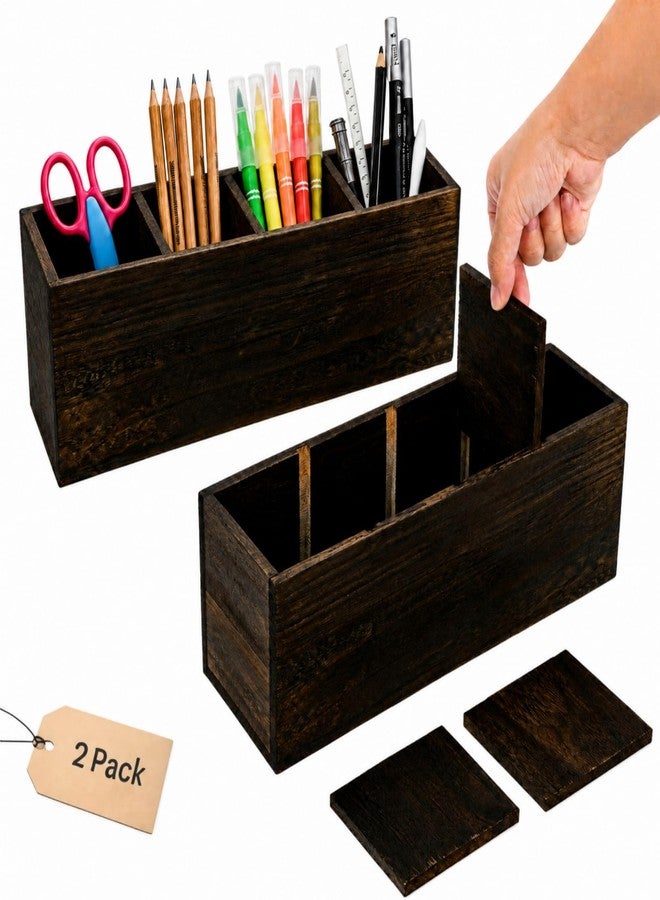 Dicunoy 2 Pack Wooden Pencil Holder for Desk, Rustic Wood Remote Control Holder Caddys, Retro Table Organizer with 4 Compartments for Art Supplies, Pen, Home, Office, School Classroom - Image 1