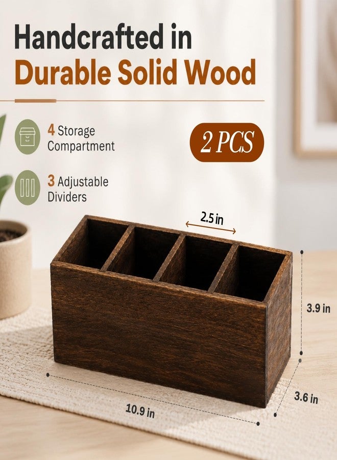 Dicunoy 2 Pack Wooden Pencil Holder for Desk, Rustic Wood Remote Control Holder Caddys, Retro Table Organizer with 4 Compartments for Art Supplies, Pen, Home, Office, School Classroom - Image 2