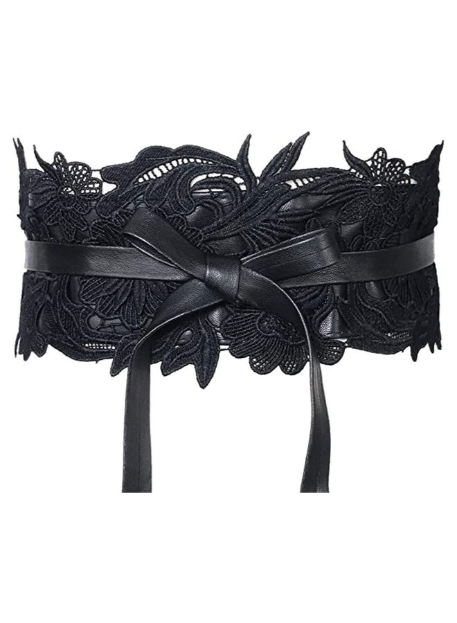 Women's Lace Waist Belt Wide Faux Leather Bow Tie Corset Belts Elastic Wrap Around Bands - Image 1
