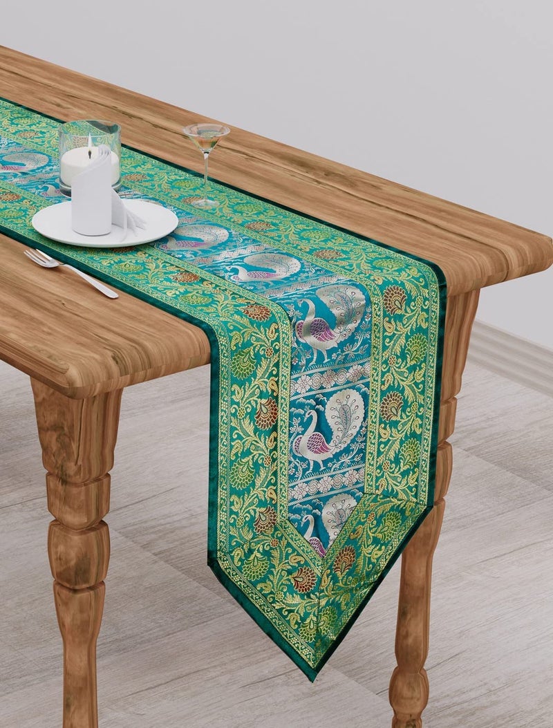 E Ezra Home Decor Silk Table Runner Brocade Long Runner V Shape Peacock Table Cloth 4 6 Seater Dinning Table 70 by 12 in Green