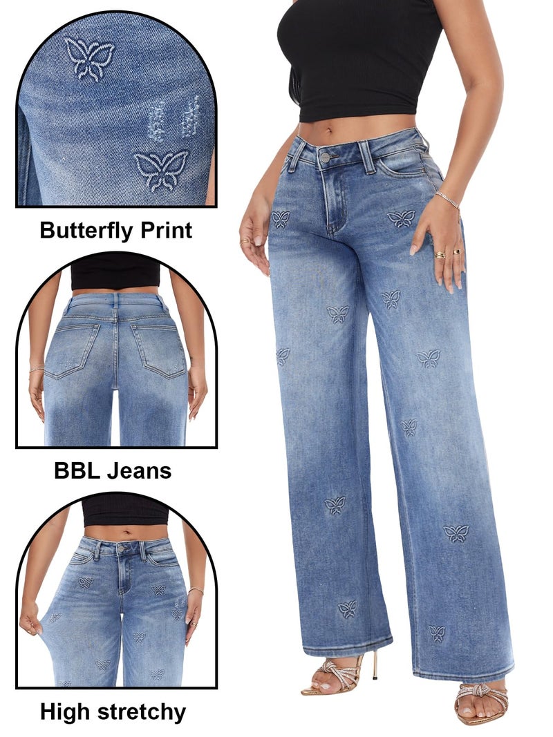 ONESO Mid-Low Rise Baggy Jeans Wide Leg for Women Distressed Pants Stretchy Bottom Lady Basic Comfortable Denim Butterfly Printed - Image 4