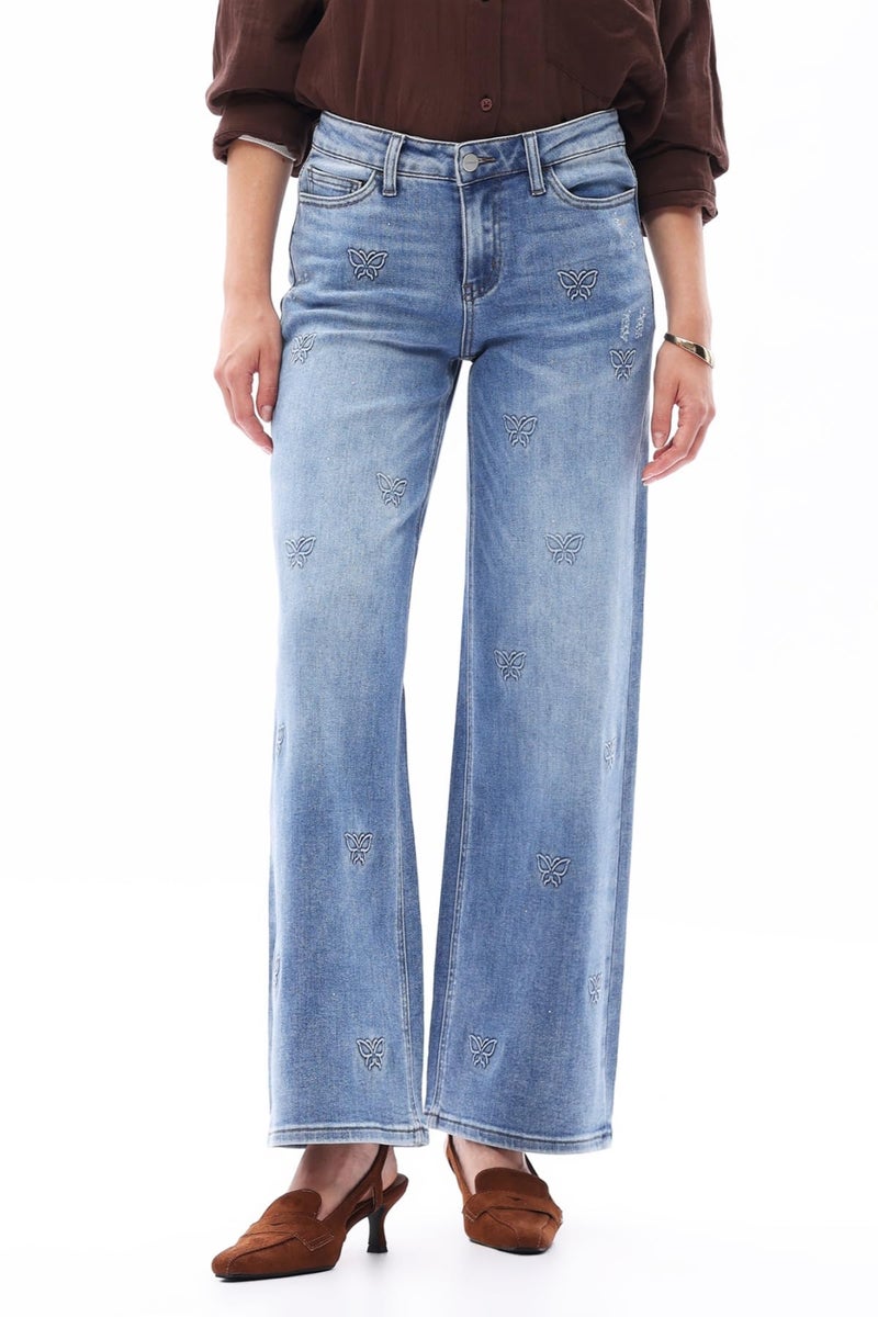 ONESO Mid-Low Rise Baggy Jeans Wide Leg for Women Distressed Pants Stretchy Bottom Lady Basic Comfortable Denim Butterfly Printed - Image 1
