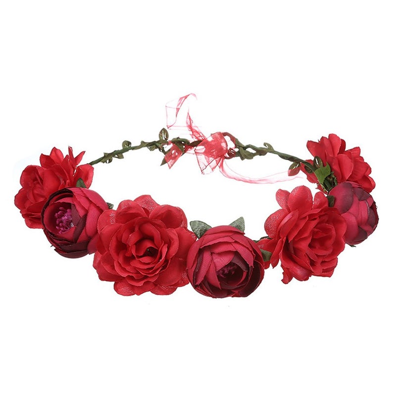June Bloomy Women Rose Floral Crown Hair Wreath Leave Flower Headband with Adjustable Ribbon (Red) - Image 5