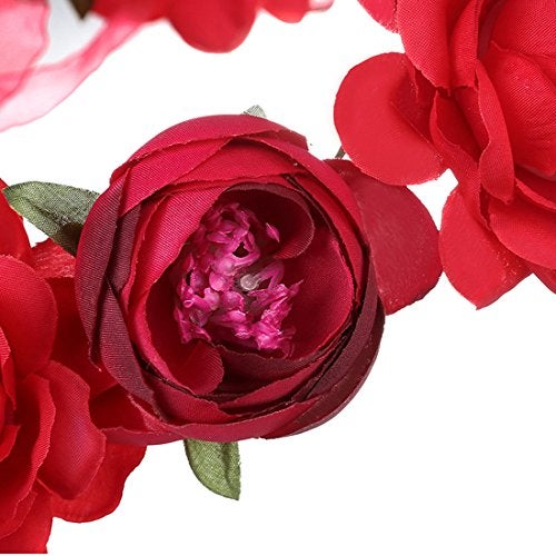 June Bloomy Women Rose Floral Crown Hair Wreath Leave Flower Headband with Adjustable Ribbon (Red) - Image 3