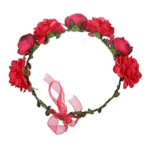 June Bloomy Women Rose Floral Crown Hair Wreath Leave Flower Headband with Adjustable Ribbon (Red) - Image 2