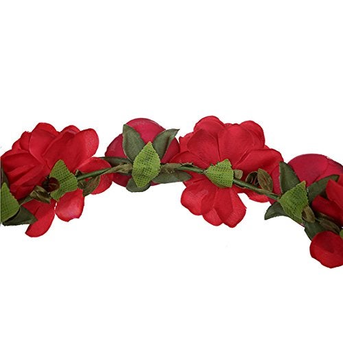 June Bloomy Women Rose Floral Crown Hair Wreath Leave Flower Headband with Adjustable Ribbon (Red) - Image 4