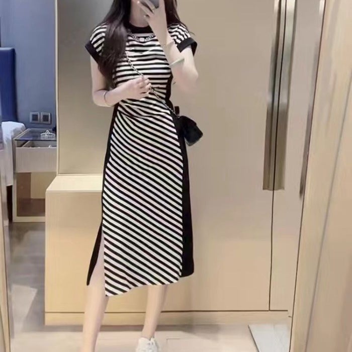 French New Style Black And White Diagonal Stripesd Round Neck Dress For Women 2025 Summer Slim Waist Bag Hip Slit Skirt For Women - Image 1