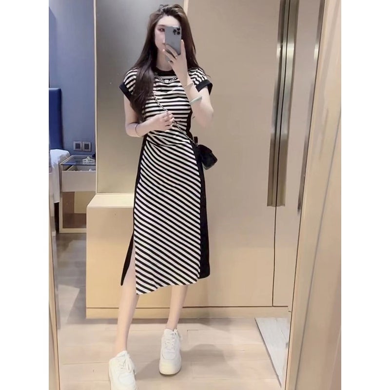 French New Style Black And White Diagonal Stripesd Round Neck Dress For Women 2025 Summer Slim Waist Bag Hip Slit Skirt For Women - Image 3