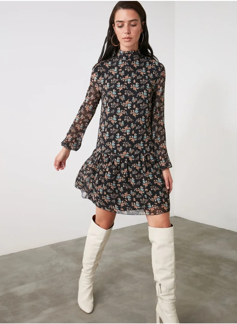 trendyol High Neck Floral Print Dress