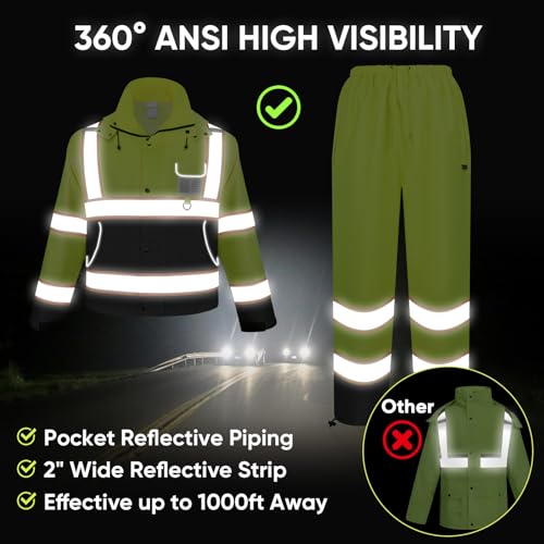 TICONN Hi Vis Rain Jacket and Pants, Waterproof High Visibility Safety Rain Suits, ANSI Class 3 Reflective Rain Gear for Men and Women (Yellow&Black, M) - Image 2