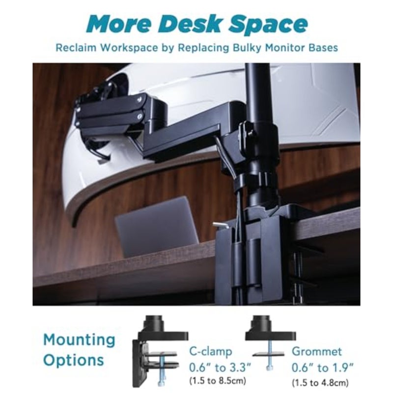 Heavy Duty Monitor Arm for Ultrawide Monitors up to 57" and 20 KGS, Single Desk Stand, Pneumatic Height Adjustable, Modular Extension Arms - Max VESA 100x100, Black, MA20P-S - Image 4