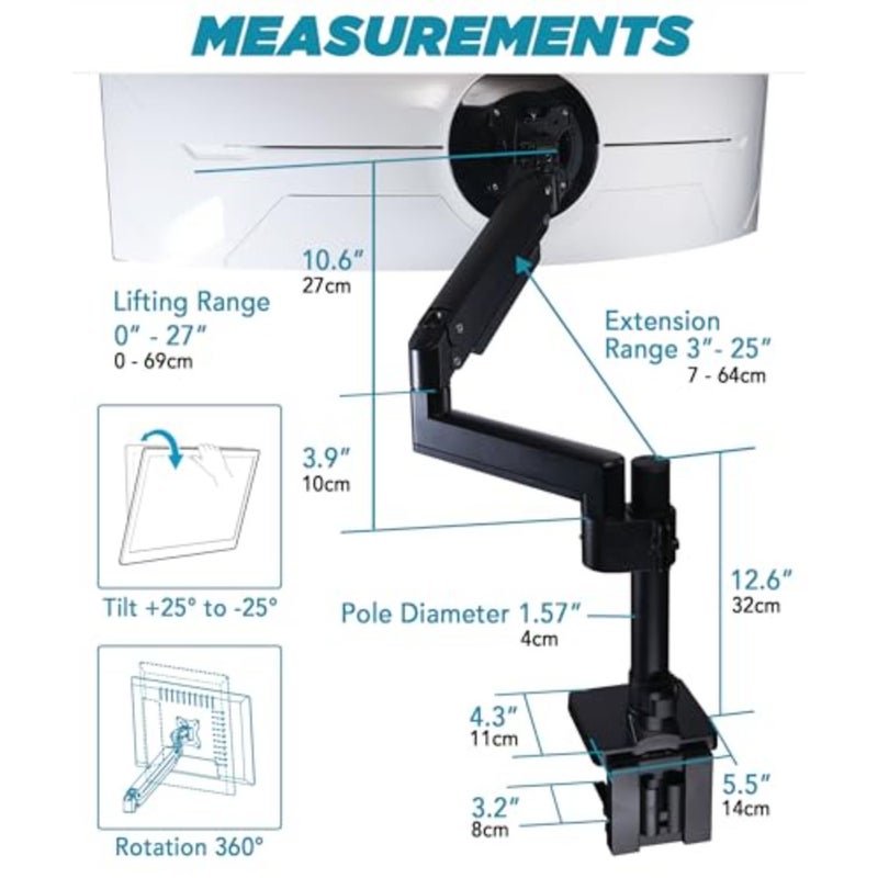 Heavy Duty Monitor Arm for Ultrawide Monitors up to 57" and 20 KGS, Single Desk Stand, Pneumatic Height Adjustable, Modular Extension Arms - Max VESA 100x100, Black, MA20P-S - Image 5