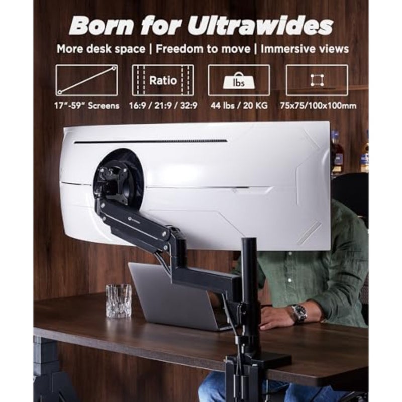 Heavy Duty Monitor Arm for Ultrawide Monitors up to 57" and 20 KGS, Single Desk Stand, Pneumatic Height Adjustable, Modular Extension Arms - Max VESA 100x100, Black, MA20P-S - Image 2