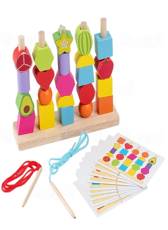 JITAHARAY Montessori 2 in 1 Wooden Beads Sequencing Toy Set, Stacking Blocks, Lacing Beads, & Shape Matching Stacker, Educational & Learning Toy for Toddlers Aged 2+ Year, for Boys & Girls - Image 1