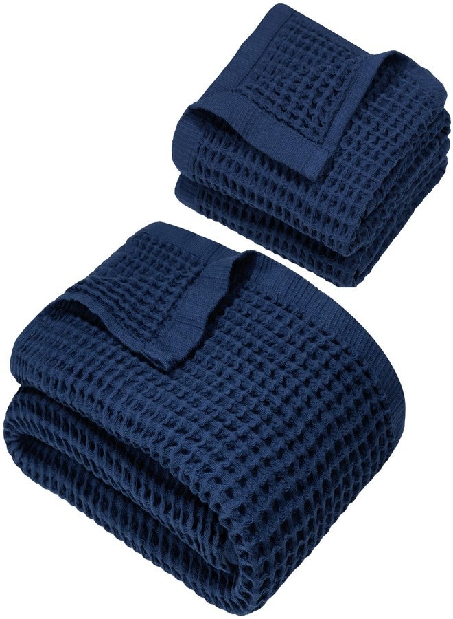 DEMMEX Organic Cotton Waffle Weave Turkish Towel Set for Bathroom, 1 Bath & 2 Large Hand Towels, 100% Oeko-TEX Certified Premium Turkish Cotton, Super Soft Lightweight Quick Dry (Navy Blue) - Image 1