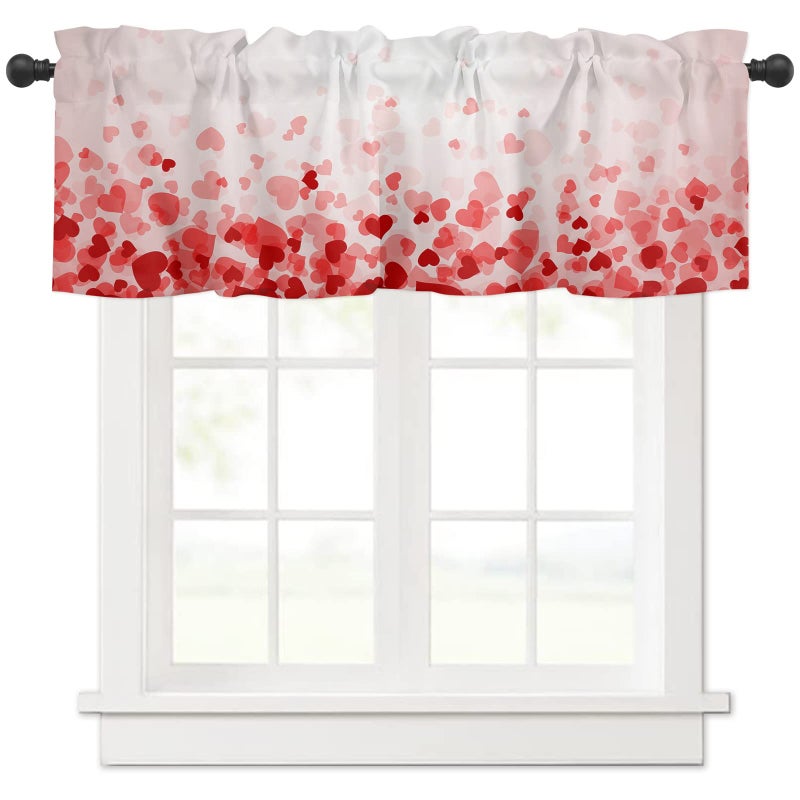 SHAPTOY Valentines Curtains Kitchen Window Valance Pink Love Heart Valentine's Rod Pocket Valances Windows Treatments 1 Panel Short Curtain 54x18 Inch for Bathroom Living Room Decor - Image 1