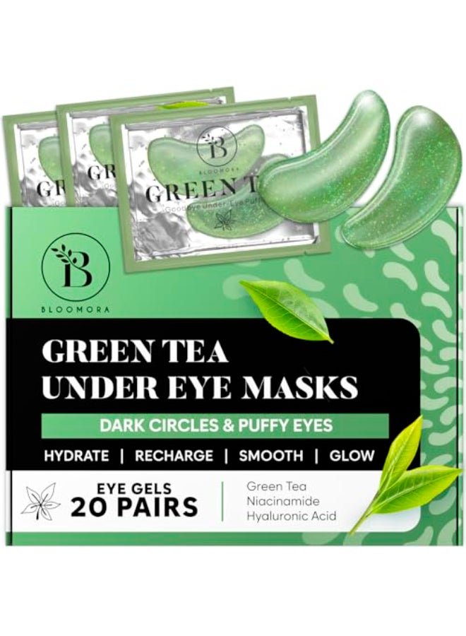 BLOOMORA Green Tea Under Eye Patches 20 Pairs Dark Circles Puffiness Care Hydrating Green Tea Eye Mask - Image 1