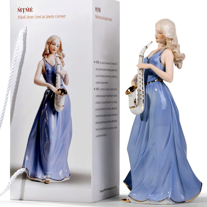 MTME Porcelain Figurine, Lady with Flowers, Memorabilia, Wedding Gifts, Statue Home Decor (Playing Saxophone) - Image 3