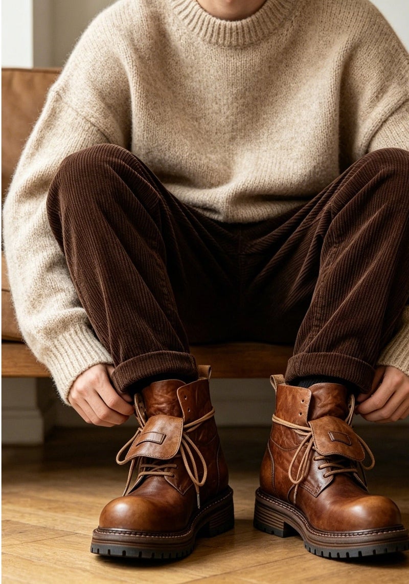 Men's Genuine Leather Martin Boots, High-Top Leather Boots, Retro Brown British Work Boots, Thick-Soled Outdoor Boots ，Fleece-Lined - Image 2