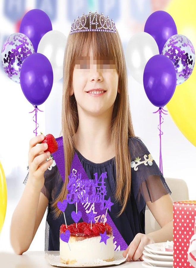 Huture Princess Crown Queen Tiara Rhinestone Headbands Cake Toppers Number 14 Helium Balloons Purple Latex Balloon 14 Birthday Decoration for Girls 14 Year Old Birthday Party Supplies - Image 4