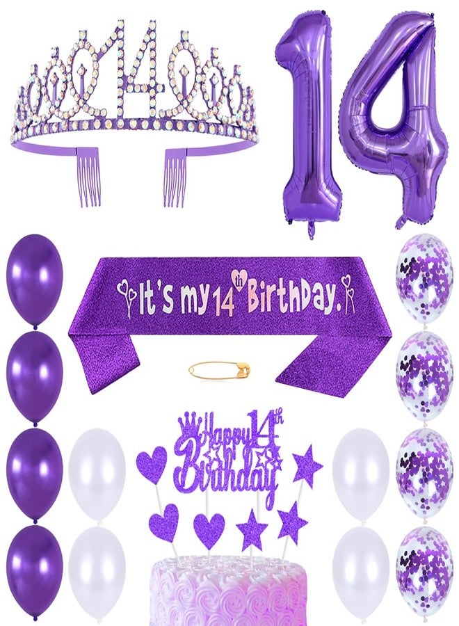 Huture Princess Crown Queen Tiara Rhinestone Headbands Cake Toppers Number 14 Helium Balloons Purple Latex Balloon 14 Birthday Decoration for Girls 14 Year Old Birthday Party Supplies - Image 1