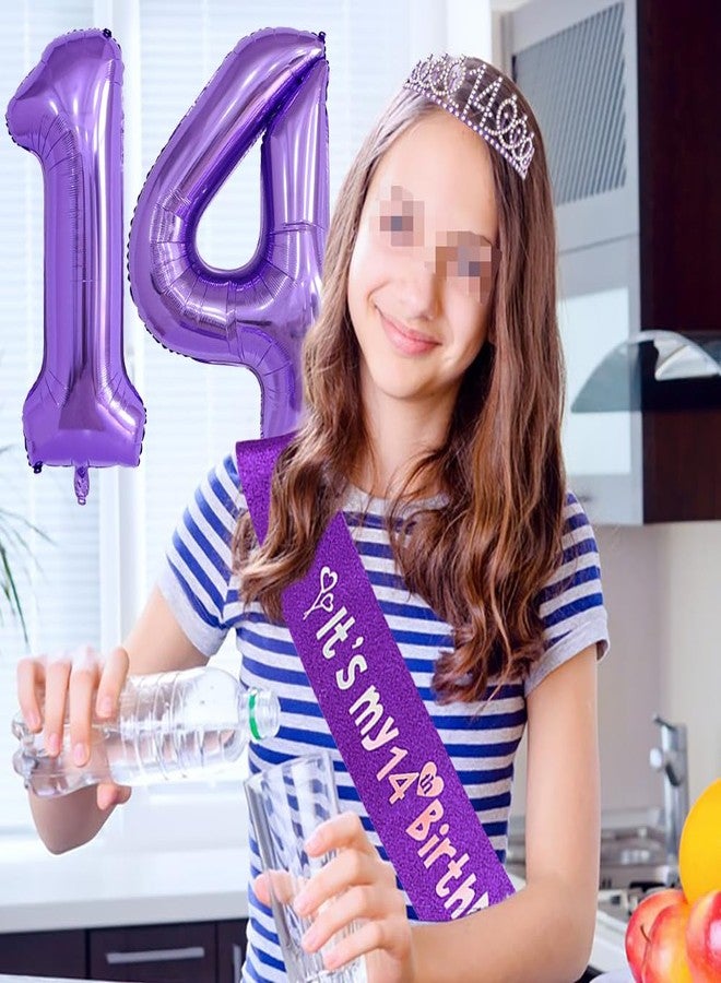 Huture Princess Crown Queen Tiara Rhinestone Headbands Cake Toppers Number 14 Helium Balloons Purple Latex Balloon 14 Birthday Decoration for Girls 14 Year Old Birthday Party Supplies - Image 5