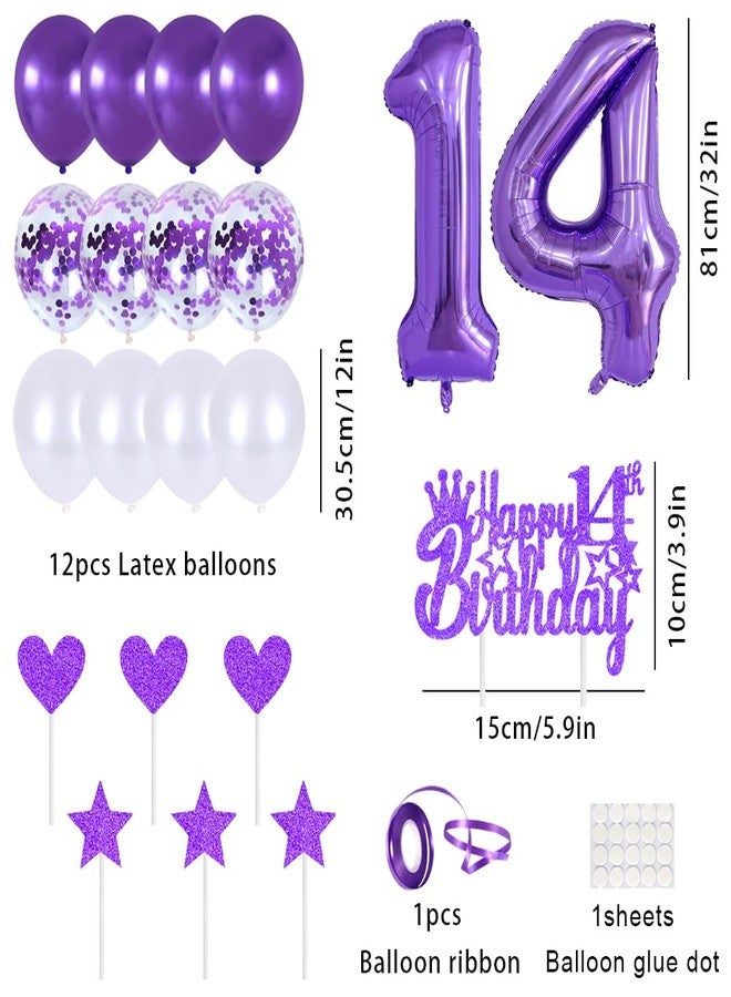 Huture Princess Crown Queen Tiara Rhinestone Headbands Cake Toppers Number 14 Helium Balloons Purple Latex Balloon 14 Birthday Decoration for Girls 14 Year Old Birthday Party Supplies - Image 3