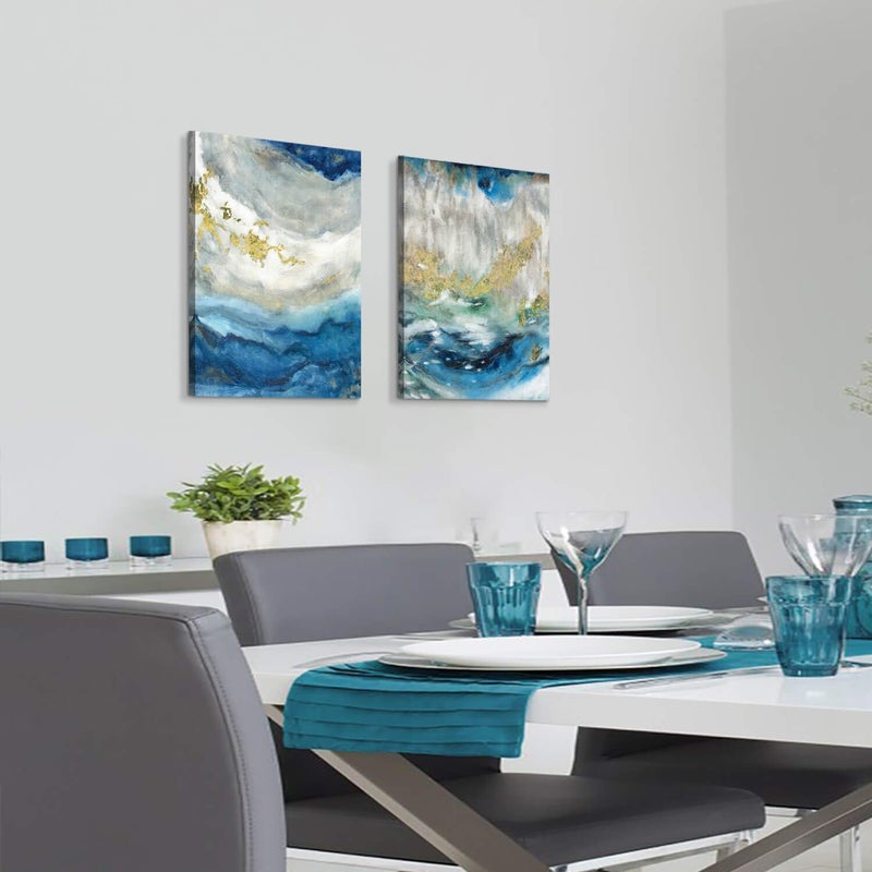 Hardy Gallery Abstract Painting Canvas Wall Art: Blue Picture Hand Painted Artwork for Living Room (24'' x 18'' x 2 Panels) - Image 5