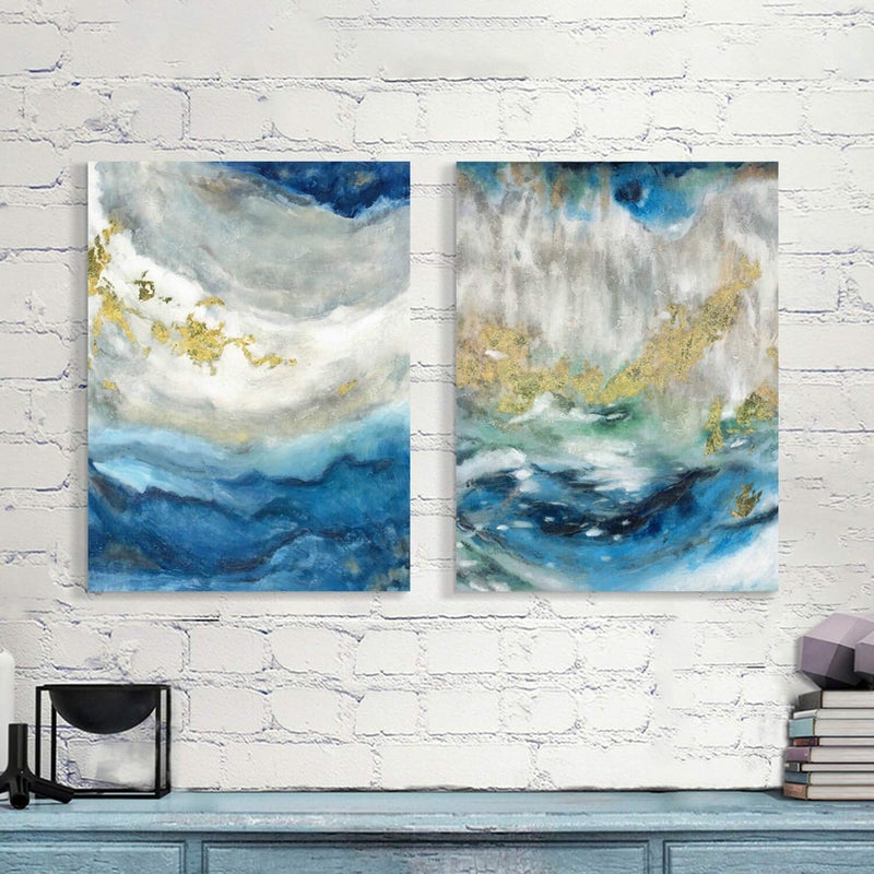 Hardy Gallery Abstract Painting Canvas Wall Art: Blue Picture Hand Painted Artwork for Living Room (24'' x 18'' x 2 Panels) - Image 3