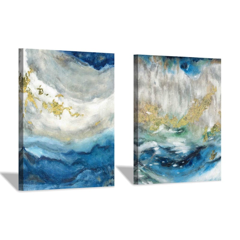 Hardy Gallery Abstract Painting Canvas Wall Art: Blue Picture Hand Painted Artwork for Living Room (24'' x 18'' x 2 Panels) - Image 1