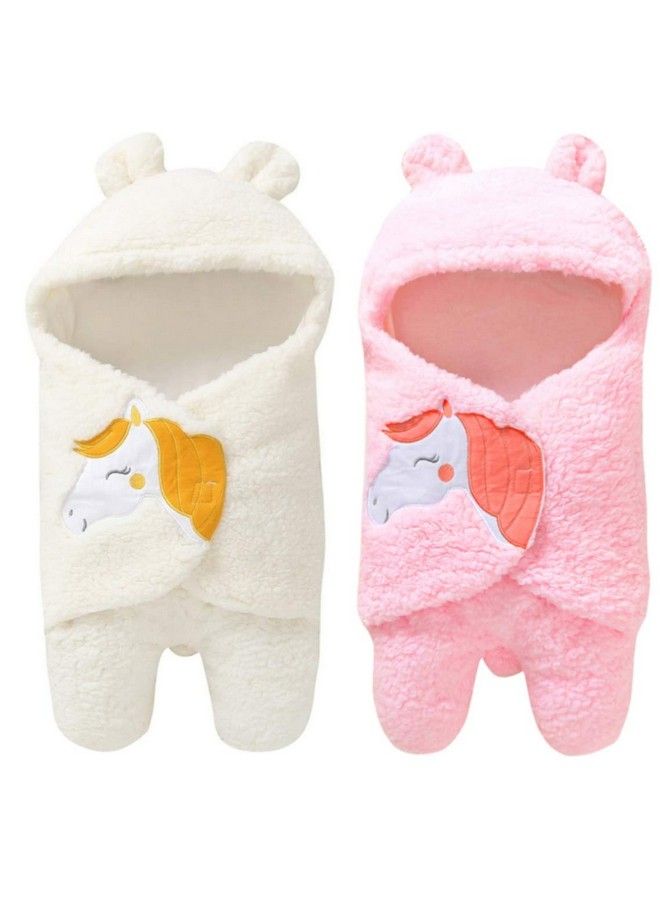 Brandonn Newborn Baby Blanket Wrapper Premium Unicorn Design White Pink Combo Of 2 - Image 1