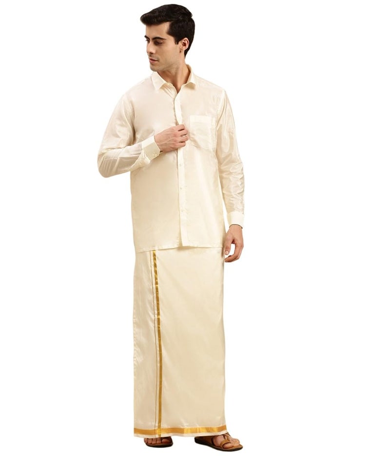 RAMRAJ COTTON رامراج قطن قميص زاري من الحرير الصناعي للرجال مع دهوتي (كريم;42) - Image 1