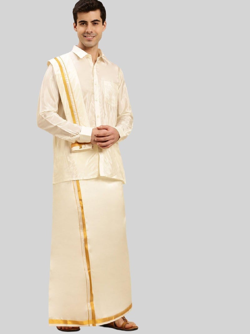 RAMRAJ COTTON رامراج قطن قميص زاري من الحرير الصناعي للرجال مع دهوتي (كريم;42) - Image 5