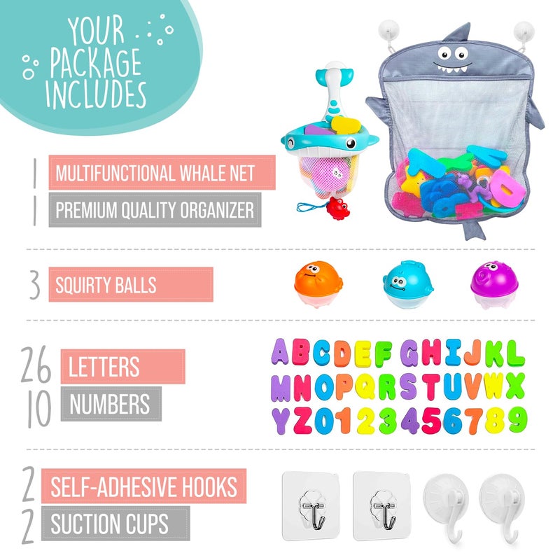 Comfylife Baby Bath Toy Organizer - Bath Toy Storage for Shower - Bathtub Toy Organizer Includes Foam Bath Toys (Numbers & Letters & Squirty Toys) + Extra Net That Doubles as a Toy - Image 5