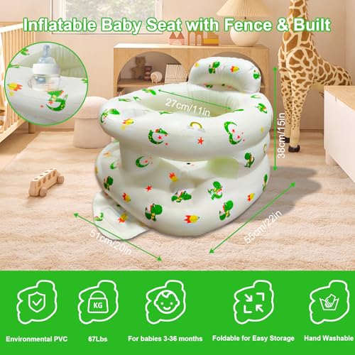 TOSXW Inflatable Baby Seat for Babies 3-36 Months, Baby Chair with Fence & Built in Air Pump, Blow Up Floor Seat with Back Support, Inflatable Infant Chair Sit Me Up for Home, Travel Green Dinosaur - Image 2