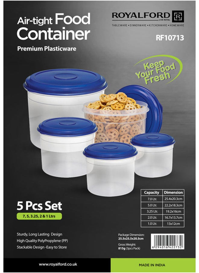 Royalford - 5-Piece Plasticware Jar Large Leak-Proof Airtight Meal Prep Containers Boxes With Snap-On Lids Food Storage Container Set - Image 1
