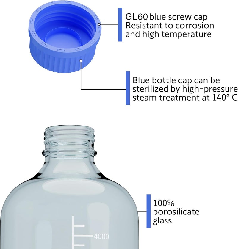 MorexLab 5000ML Storage Glass Bottles – 1pc Round Media Storage Bottle – Borosilicate Glass Bottles – Safe Probe Storage Glass Storage Bottles with GL60 Blue Screw Cap (5000ml - 1pc) - Image 2