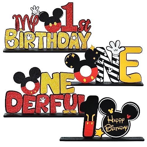 TONIFUL Mouse 1st Birthday Party Supplies 1st Table Centerpieces Red Mouse Theme Design and Sturdy Wooden for One Year Old Birthday Party Favors 1st Birthday Party Decorations 4 Pcs - Image 1