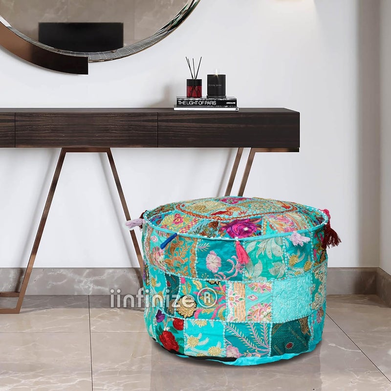 iinfinize Home Decorative Ottoman Pouf Cover 16 Inch Round Patchwork and Embroidery Work Handmade Footstool Pouff Living Room Sofa Corner Pouf - Image 2