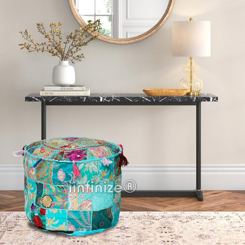 iinfinize Home Decorative Ottoman Pouf Cover 16 Inch Round Patchwork and Embroidery Work Handmade Footstool Pouff Living Room Sofa Corner Pouf - Image 3