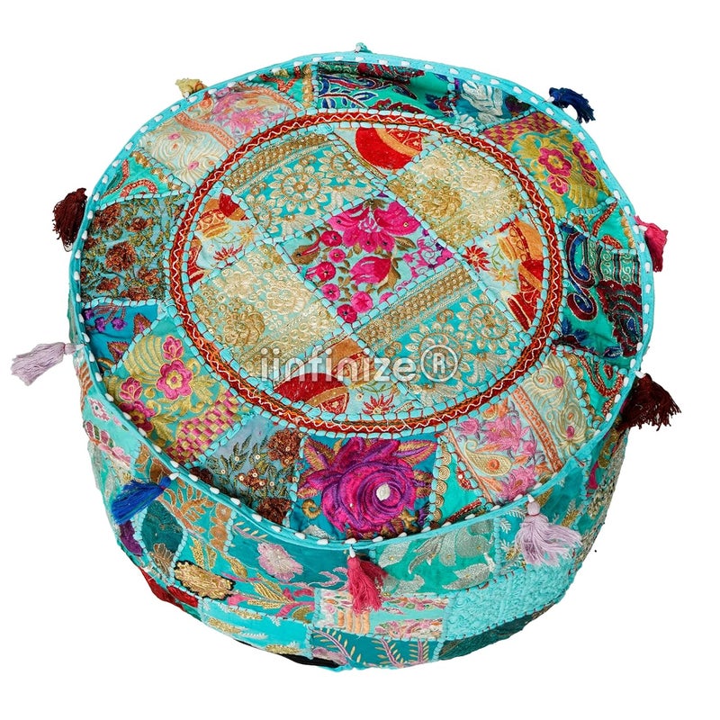 iinfinize Home Decorative Ottoman Pouf Cover 16 Inch Round Patchwork and Embroidery Work Handmade Footstool Pouff Living Room Sofa Corner Pouf - Image 4