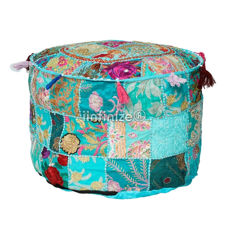 iinfinize Home Decorative Ottoman Pouf Cover 16 Inch Round Patchwork and Embroidery Work Handmade Footstool Pouff Living Room Sofa Corner Pouf - Image 1