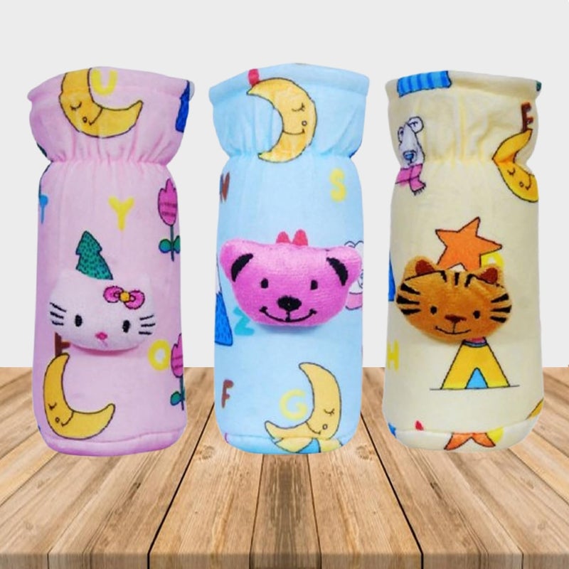 Alya The Cheeky Kidzz New Born Baby Nursing Feeding Bottle Cover with Soft Stretchable Velvet Attractive Cartoon Design I Baby Milk Feeder Bottle Cover 150 ML-200 ML (0-2 Years) (Pack of 3 (Assorted)) - Image 1