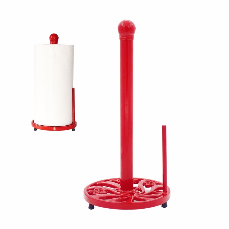 MINLUFUL Vintage Paper Towel Holder Countertop  Cast Iron Standing Roll Paper Towel Dispenser with Elegant and Heavy Daffodil Pattern Base for Kitchen Dcor Red