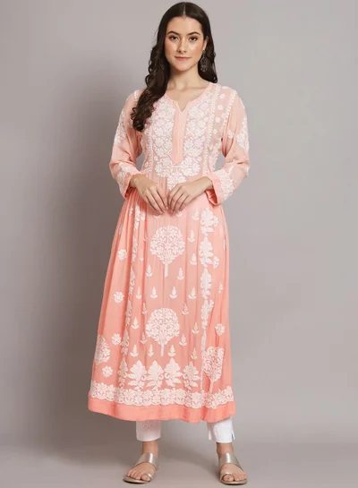 Alaya Hand Embroidered Chikankari A Line Muslin Kurta-AL3664