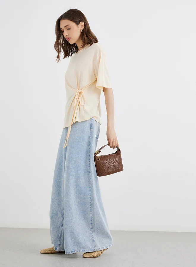 تايك تو Take Two Solid Round Neck Tie Up Detail Wrap Top